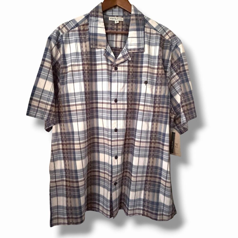 NWT Frye & Co. Blue Plaid Short Sleeve Men's Plaid Shirt Camp 2XL  Big & Tall